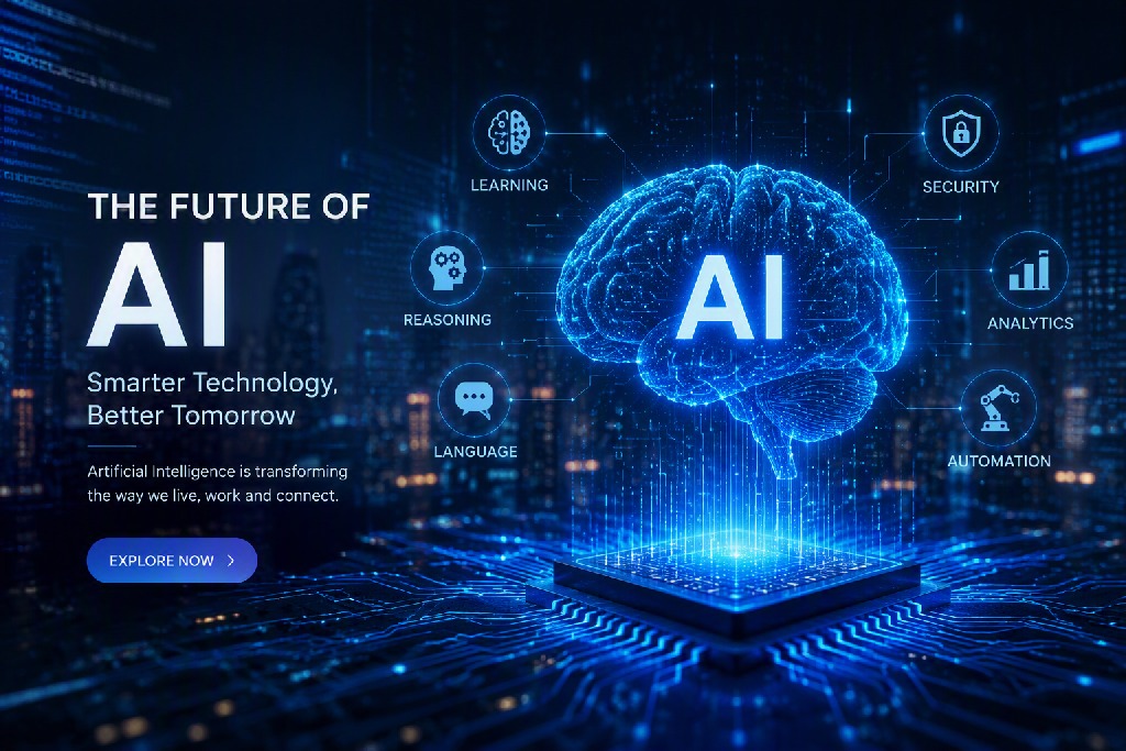 Digital AI brain above a computer chip with icons representing learning, security, automation, and analytics.