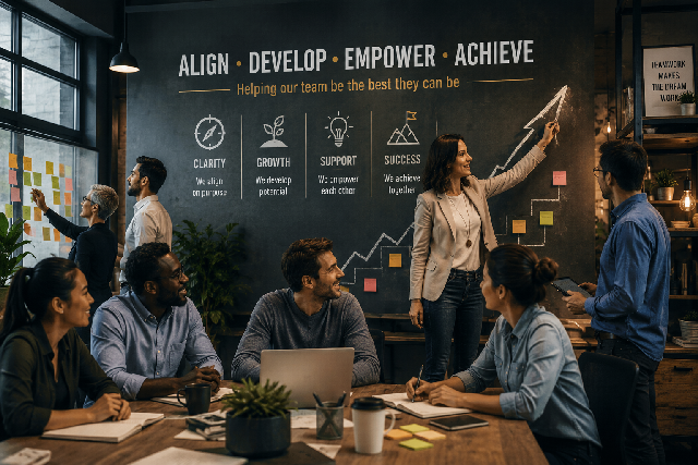 A female leader guides a diverse team in a modern workspace, using a large strategy wall with goals, growth icons, and an upward success path to align, develop, and empower the team toward shared success.
