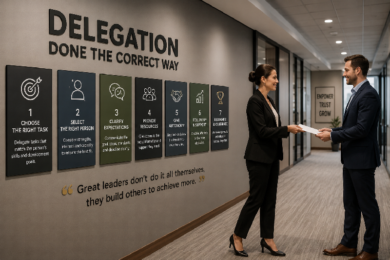 Two professionals stand in a modern office hallway exchanging a document beside a large wall display titled Delegation Done the Correct Way. The display presents seven steps for effective delegation, including choosing the right task, selecting the right person, clarifying expectations, providing resources, giving autonomy, following up with support, and recognising achievements. A quote below emphasises that great leaders empower others, with additional words on a nearby wall reading Empower Trust Grow.