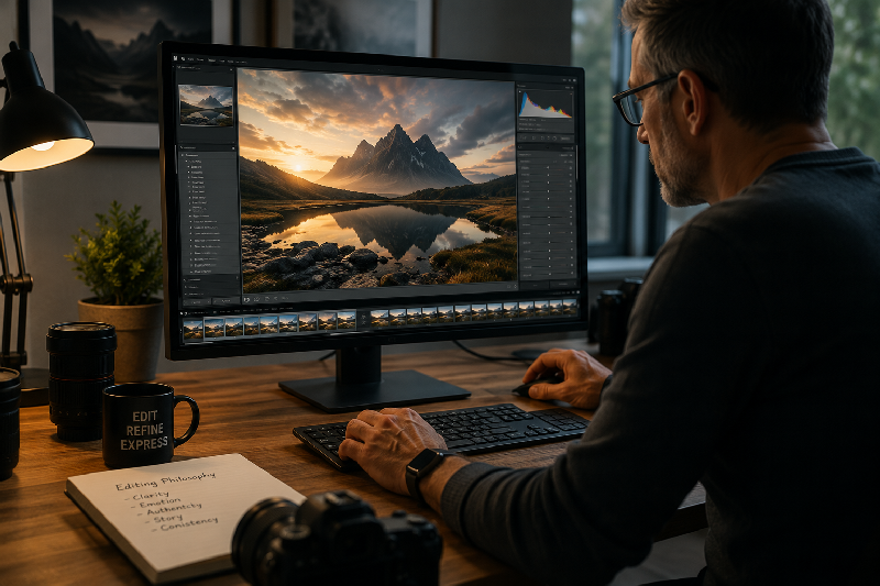 A photographer edits a dramatic landscape photograph on a desktop computer using professional photo editing software. The workspace includes a camera, lenses, notebook, and desk lamp in a modern studio, illustrating a thoughtful and professional photography editing workflow.