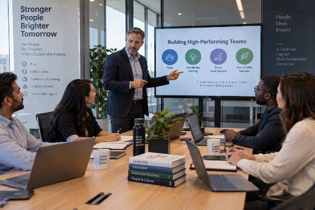 Professional team collaborating around a table in a modern office, demonstrating trust, leadership, knowledge sharing and sustainable long term team development.