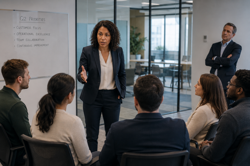 A senior manager standing at the head of a team while the team's own manager stands to one side, illustrating a higher-level manager taking over a team