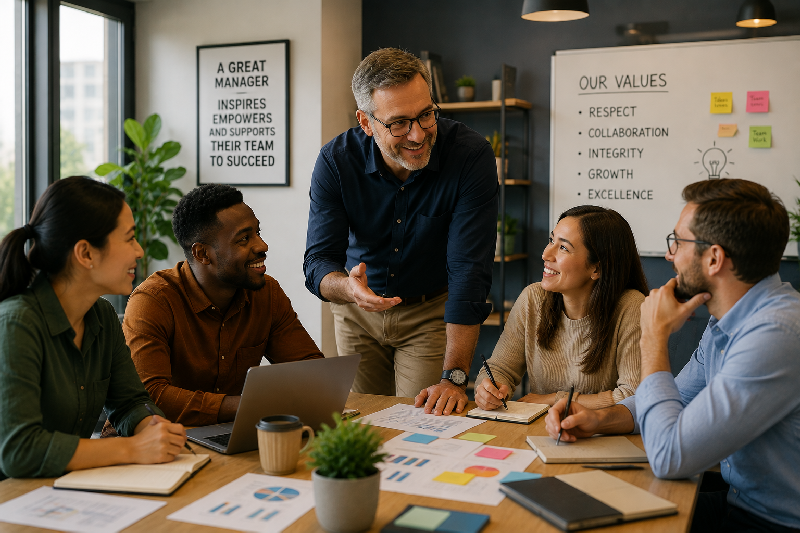 Illustration of an effective manager coaching and supporting their team during a collaborative meeting, representing the leadership principles from Peter Farrar Books, including inclusive management, communication, teamwork and employee development.