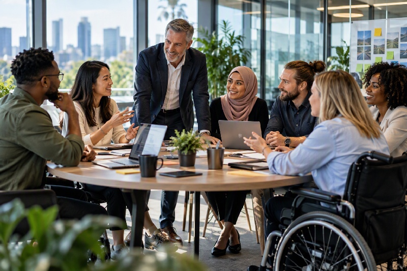 Inclusive workplace team collaborating around a round table in a modern office, with a leader facilitating discussion among colleagues from diverse professional backgrounds. The image highlights teamwork, accessibility, equal participation, open communication, and inclusive leadership in a bright contemporary workspace.