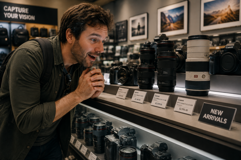 A man gazing longingly at camera equipment displayed in a camera shop.