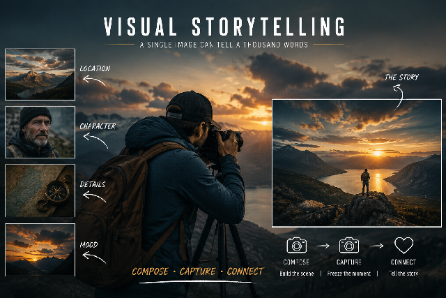 A landscape infographic illustrating visual storytelling in photography, showing a photographer capturing a mountain sunrise alongside example images highlighting location, character, details, mood, and the storytelling process from composition to connection.