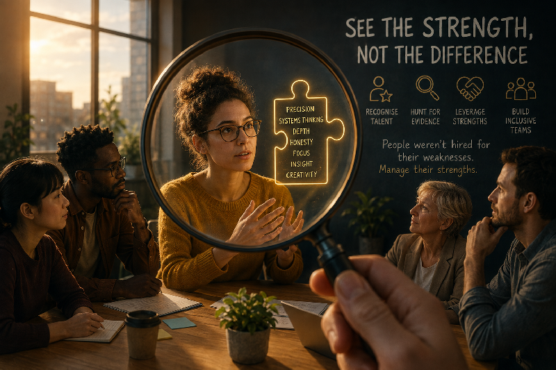 Diverse team in a modern office meeting, with a magnifying glass highlighting an employee’s strengths including precision, systems thinking, depth, honesty, focus, insight and creativity, illustrating inclusive strengths based management.