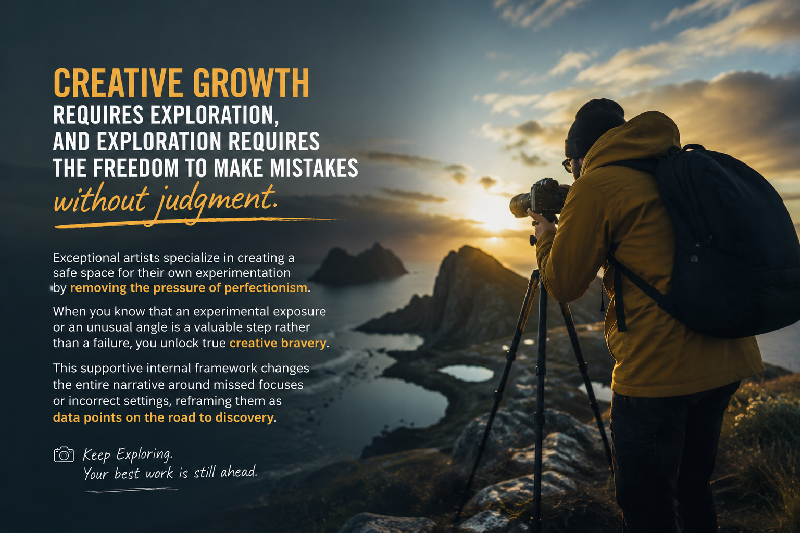 Landscape photography illustration by Peter Farrar Books showing a photographer embracing experimentation, creative growth, and artistic development while capturing a dramatic sunrise.